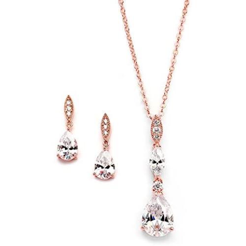 Mariell 14K Rose Gold Plated Teardrop CZ Wedding Necklace and Earrings Set for Bridal or Bridesmaids