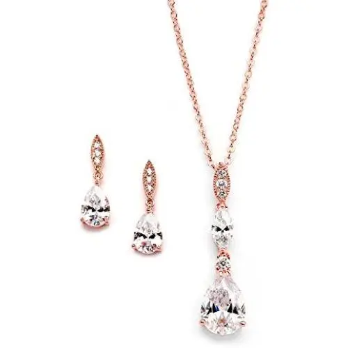 Mariell 14K Rose Gold Plated Teardrop CZ Wedding Necklace and Earrings Set for Bridal or Bridesmaids Mariell 14K Rose Gold Plated Teardrop CZ Wedding Necklace and Earrings Set for Bridal or Bridesmaids
