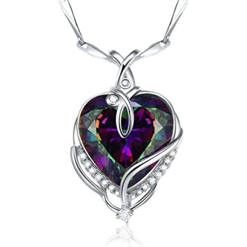 Merthus 925 Sterling Silver Created Mystic Fire Rainbow Topaz Heart Necklace for Women Jewelry Gifts for Wife