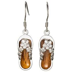 Sterling Silver Koa Wood CZ Plumeria Flip Flop Slipper Dangle Hook Earrings