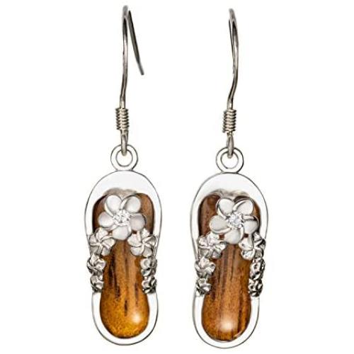 Sterling Silver Koa Wood CZ Plumeria Flip Flop Slipper Dangle Hook Earrings