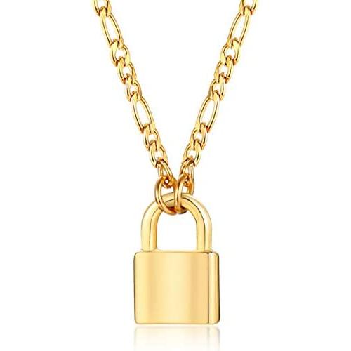 Gamtic Padlock Pendant Figaro Chain Necklace Gold Plated Stainless Steel Solid Lock Women Teen Girls Daily Jewelry