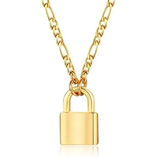 Gamtic Padlock Pendant Figaro Chain Necklace Gold Plated Stainless Steel Solid Lock Women Teen Girls Daily Jewelry