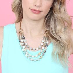 RIAH FASHION Bohemian Genuine Natural Stone Bead Strand Statement Necklace - Multi Layer Drape Chunky Bib Collar