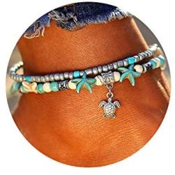 FINETOO Starfish Multilayer Charm Anklet Beads Sea Handmade Boho Anklet Foot Jewelry for Women