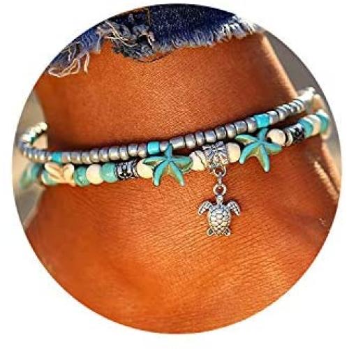 FINETOO Starfish Multilayer Charm Anklet Beads Sea Handmade Boho Anklet Foot Jewelry for Women
