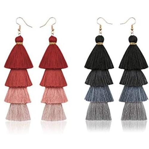 2 pairs Bohemian Fringe Long Gradient Multilayer Drop Earrings Women Fashion Jewelry Dangle Silk Fabric Ethnic tassel earrings