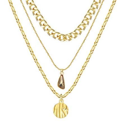 RnBLM JEWELRY 3 Pcs 14K Gold Plated Layered Necklaces for Women Dainty Multilayered Link Chain Cross Y Pendant Choker Necklaces Set