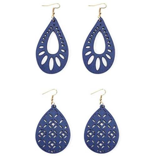 ZRosse 2 Pairs Lightweight Natural Wooden Dangle Earrings Sets Statement African Engraving Hollow Teardrop Wood Drop Earring for Women Girls