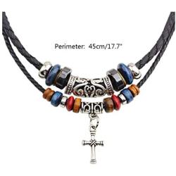 Mystart Pack of 2 Double Beaded Cross Necklace Adjustable European Religious Leather Rope Necklace Jewelry