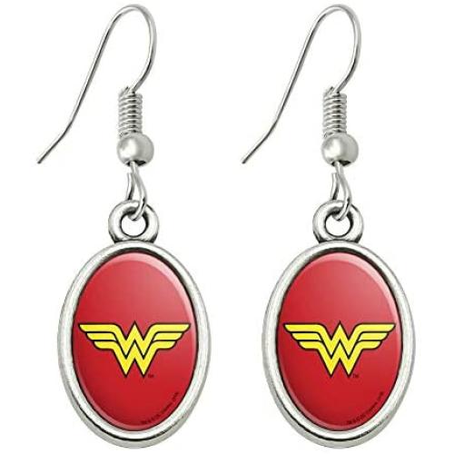 GRAPHICS & MORE Wonder Woman Classic Logo Novelty Dangling Drop Oval Charm Earrings