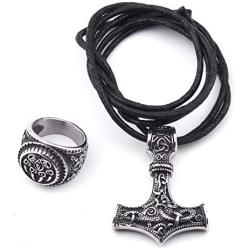 DUTO Viking Combo Bear Paw Ring & Mjolnir Thor Hammer Necklace Adjustable Cord Chain Stainless Steel Jewelry Mens Womens