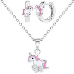 925 Sterling Silver Pink White Unicorn Jewelry Set Earrings Necklace Girls 16