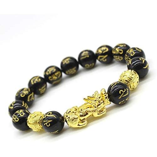 WAINIS Feng Shui PiXiu/Pi Yao Bracelet Black Obsidian Attract Wealth Jewelry for Men Women Chinese Dragon Good Luck 12mm Hand Carved Mantra Bead Bracelet