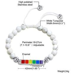 Nanafast 8mm Matte Agate LGBT Pride Rainbow Bracelet Stainless Steel Gay & Lesbian Pride Relationship Friendship Bracelet,Adjustable