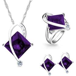 Uloveido Charm Created Topaz Big Square Crystal Necklace Matching Stud Earrings Rings Jewelry Set T295