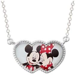 Disney Mickey Mouse and Minnie Mouse Sterling Silver Heart Pendant Necklace, 16” Chain;