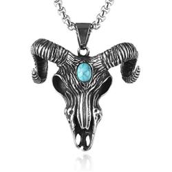 HZMAN Mens Turquoise Goat Head Skull Stainlss Steel Pendant Indian Tribe Necklace