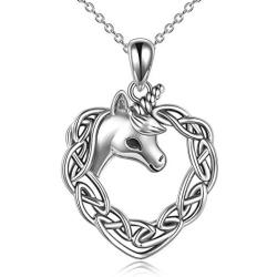 Unicorn Necklace for Women Sterling Silver Love Heart Horse Pendant Necklace Celtic Knot Irish Christmas Jewelry Gifts