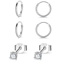 Sterling Silver Stud Earrings Small Cartilage Hoop Earrings for Women Men- 3 Pairs of Hypoallergenic Tiny 3mm Cubic Zirconia Round Ball Earrings & 10mm/12mm Cartilage Earring Hoops