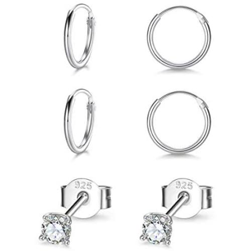 Sterling Silver Stud Earrings Small Cartilage Hoop Earrings for Women Men- 3 Pairs of Hypoallergenic Tiny 3mm Cubic Zirconia Round Ball Earrings & 10mm/12mm Cartilage Earring Hoops