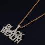Moca Jewelry Hip Hop Iced Out Bling Letter Black-Wealth Pendant Necklace,14K Gold Plated Simulated Diamond Paved Necklace with Stainless Steel Rope Link Chain for Men Women