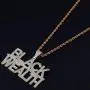 Moca Jewelry Hip Hop Iced Out Bling Letter Black-Wealth Pendant Necklace,14K Gold Plated Simulated Diamond Paved Necklace with Stainless Steel Rope Link Chain for Men Women