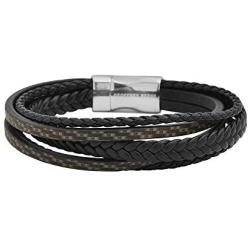 Geoffrey Beene Mens Multi-Strand Braided Genuine Leather Bracelet with Stainless Steel Magnetic Closure