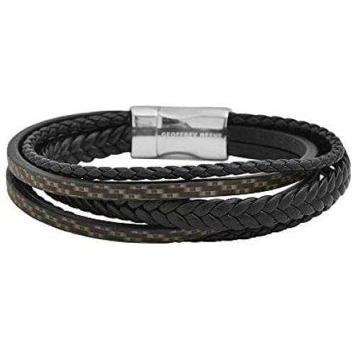 Geoffrey Beene Mens Multi-Strand Braided Genuine Leather Bracelet with Stainless Steel Magnetic Closure