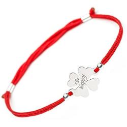 Lucky Handmade Good Luck Bracelet - 4 Leaf Clover Flower Engraved Sterling Silver Charm - Adjustable Friendship Inspirational Red String Evil Eye Protection Bracelets for Girls Womens Kids (Happy)