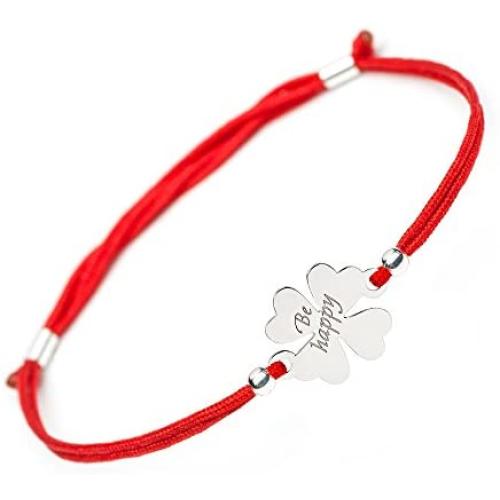 Lucky Handmade Good Luck Bracelet - 4 Leaf Clover Flower Engraved Sterling Silver Charm - Adjustable Friendship Inspirational Red String Evil Eye Protection Bracelets for Girls Womens Kids (Happy)