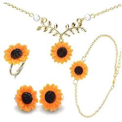 Set of 5 Sunflower Faux Pearl Leaf Chain Resin Boho Petal Pendant Necklace with Sunflower Bracelet Earrings Ring for Women Jewelry Accessories (Gold)