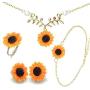 Set of 5 Sunflower Faux Pearl Leaf Chain Resin Boho Petal Pendant Necklace with Sunflower Bracelet Earrings Ring for Women Jewelry Accessories (Gold)