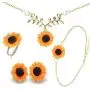 Set of 5 Sunflower Faux Pearl Leaf Chain Resin Boho Petal Pendant Necklace with Sunflower Bracelet Earrings Ring for Women Jewelry Accessories (Gold)