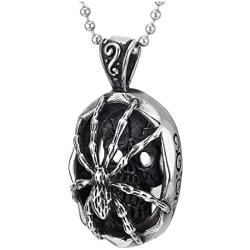 COOLSTEELANDBEYOND Mens Womens Steel Vintage Spider Skull Oval Pendant Necklace, Silver Black, 30 inches Ball Chain