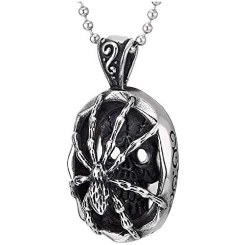 COOLSTEELANDBEYOND Mens Womens Steel Vintage Spider Skull Oval Pendant Necklace, Silver Black, 30 inches Ball Chain
