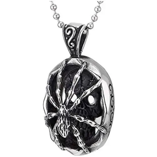 COOLSTEELANDBEYOND Mens Womens Steel Vintage Spider Skull Oval Pendant Necklace, Silver Black, 30 inches Ball Chain COOLSTEELANDBEYOND Mens Womens Steel Vintage Spider Skull Oval Pendant Necklace, Silver Black, 30 inches Ball Chain