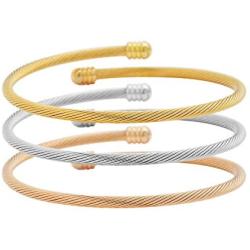 EDFORCE 3 Tone Stainless Steel Hypoallergenic Stacked Twisted Cable Wire Bangle Adjustable Cuff Bracelet Set, Set of 3, 6''-7.5''