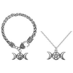 RUIZHEN Vintage Pagan Triple Moon Goddess Pentacle Pentagram Metal Amulet Wheat Chain Bracelet Necklace Jewelry Set for Women Men