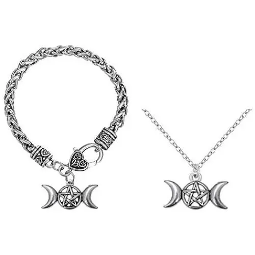 RUIZHEN Vintage Pagan Triple Moon Goddess Pentacle Pentagram Metal Amulet Wheat Chain Bracelet Necklace Jewelry Set for Women Men RUIZHEN Vintage Pagan Triple Moon Goddess Pentacle Pentagram Metal Amulet Wheat Chain Bracelet Necklace Jewelry Set for Women Men