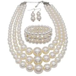 JNF Large Pearl Necklace Set Multi Layer Pearl Strand Costume Jewelry Sets Pearl Statement Necklace Bracelet and Earrings for Women