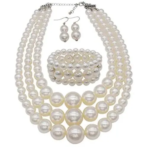 JNF Large Pearl Necklace Set Multi Layer Pearl Strand Costume Jewelry Sets Pearl Statement Necklace Bracelet and Earrings for Women JNF Large Pearl Necklace Set Multi Layer Pearl Strand Costume Jewelry Sets Pearl Statement Necklace Bracelet and Earrings for Women