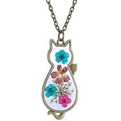 PAMTIER Womens Pressed Flower Pendant Vintage Alloy Animal Cute Cat Necklace
