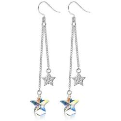 Sllaiss 925 Sterling Silver Austria Crystals Blue Star Drop Dangle Earrings for Women 18K Platinum Plated Aurora Crystal Jewelry Star Tassel Earrings