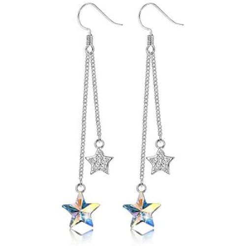 Sllaiss 925 Sterling Silver Austria Crystals Blue Star Drop Dangle Earrings for Women 18K Platinum Plated Aurora Crystal Jewelry Star Tassel Earrings
