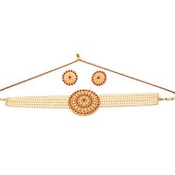 Crunchy Fashion Bollywood Style Traditional Indian Wedding Jewelry Red Crystals Pearl Choker Necklace with Earring & tika Set for Women Girls