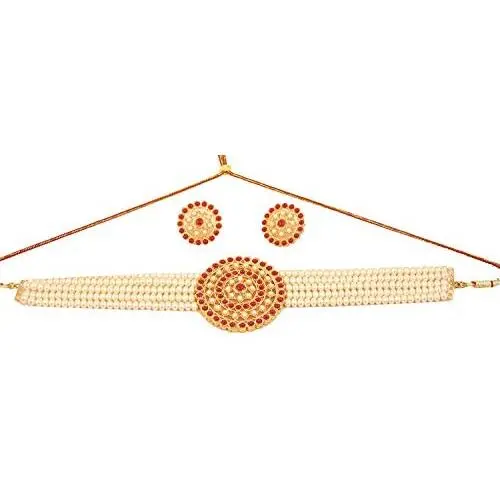 Crunchy Fashion Bollywood Style Traditional Indian Wedding Jewelry Red Crystals Pearl Choker Necklace with Earring & tika Set for Women Girls