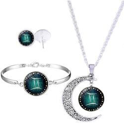 YAZILIND Women Jewelry Set Round Gemstone Horoscope Zodiac 12 Constellation Astrology Pendant Necklace Bracelet Stud Earring Sets Birthday Gift