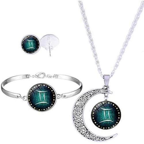 YAZILIND Women Jewelry Set Round Gemstone Horoscope Zodiac 12 Constellation Astrology Pendant Necklace Bracelet Stud Earring Sets Birthday Gift