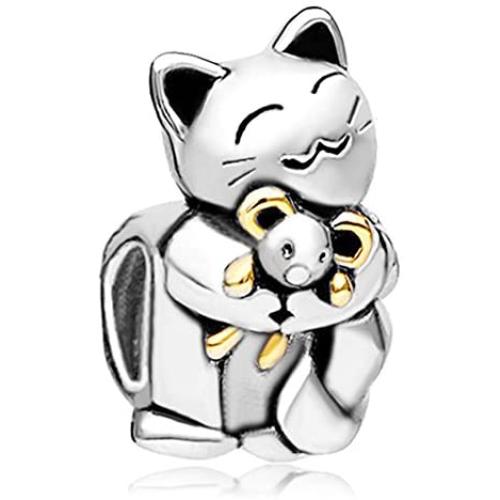CharmsStory Smiling Pet Cat Hugging Mouse Animal Charms Bead For Bracelets